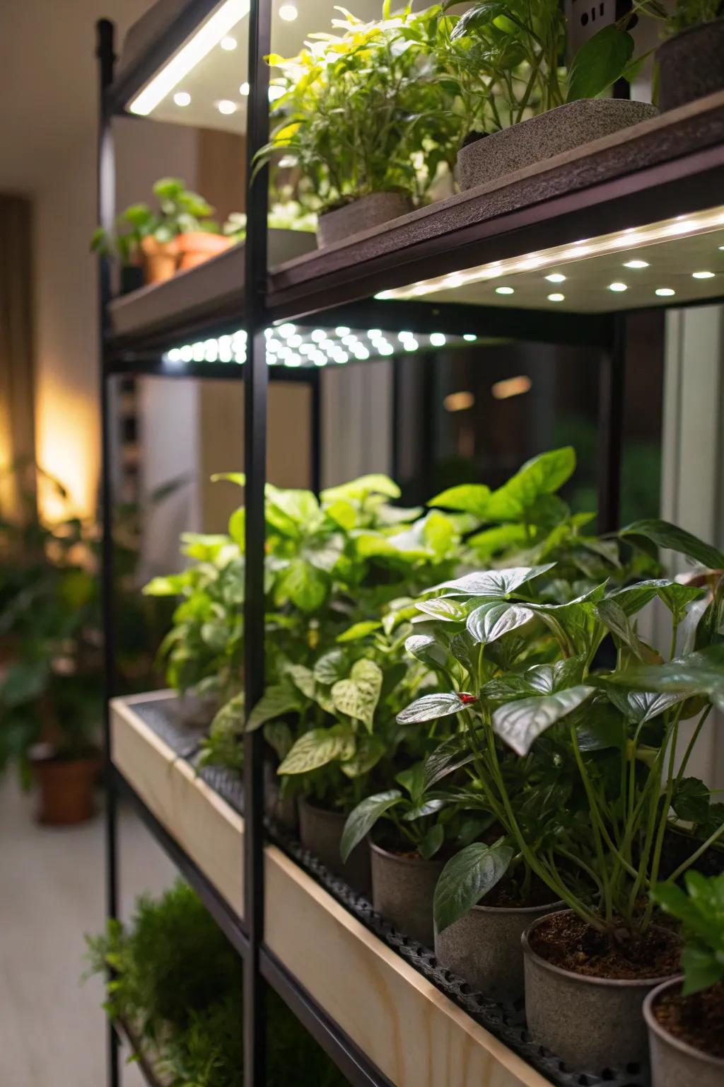 Strategic lighting highlights the plant shelf for dramatic effect.