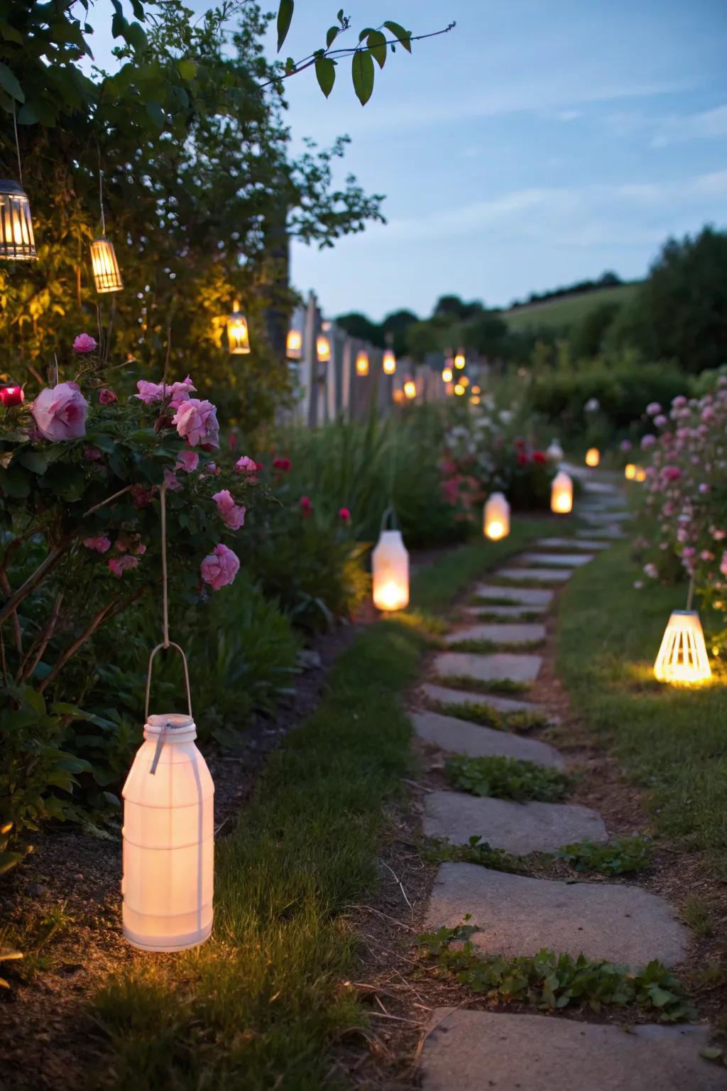 Illuminate your garden with whimsical lanterns crafted from milk bottles.