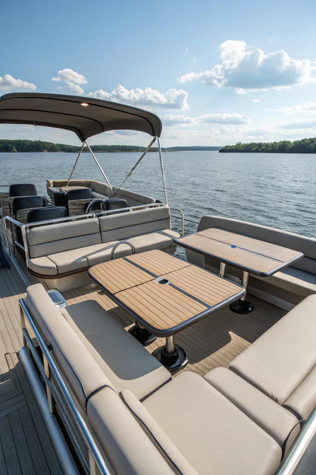 Convertible tables offer versatile dining and lounging options on the pontoon.