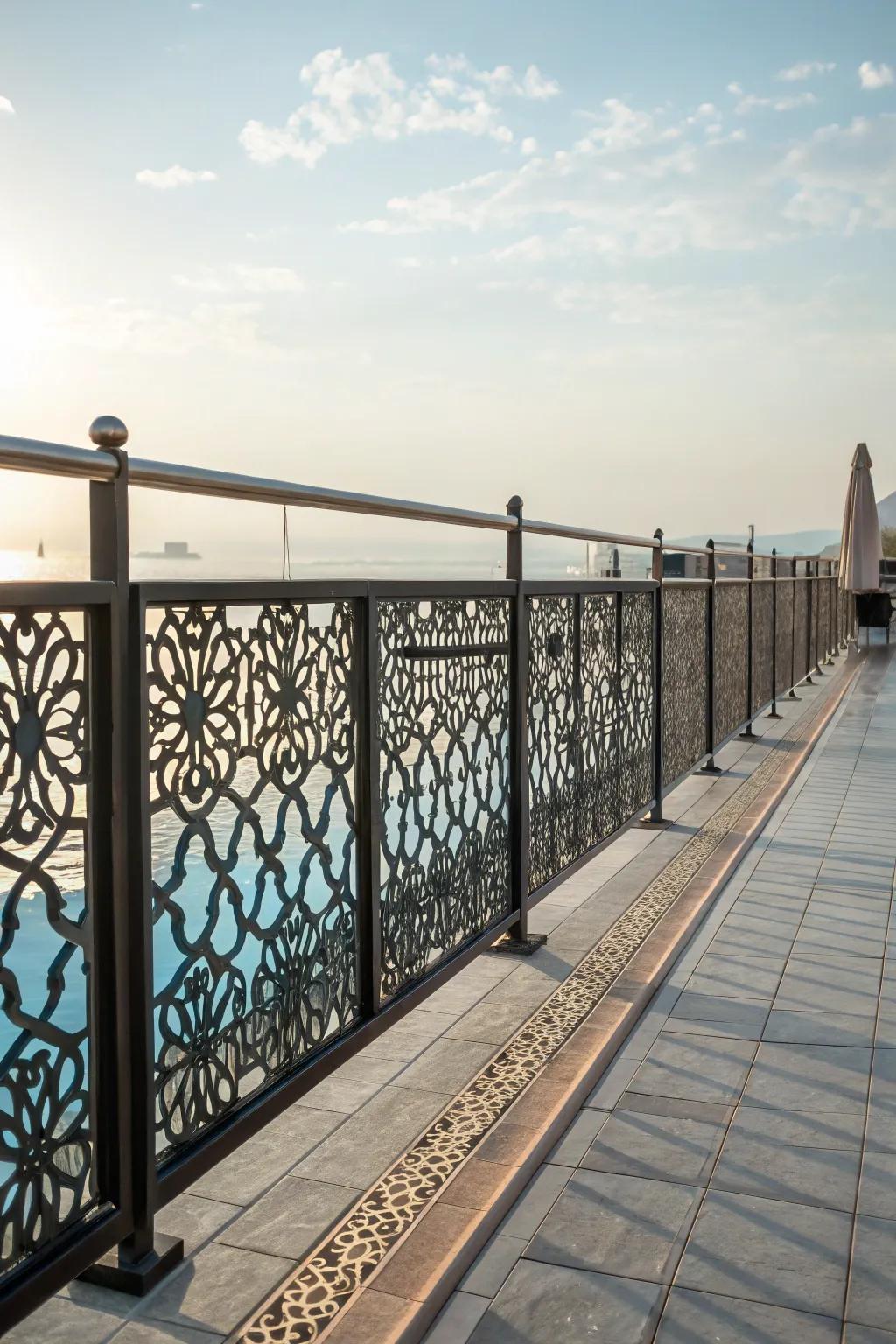 Patterned metal screens add artistic flair to your pool deck.