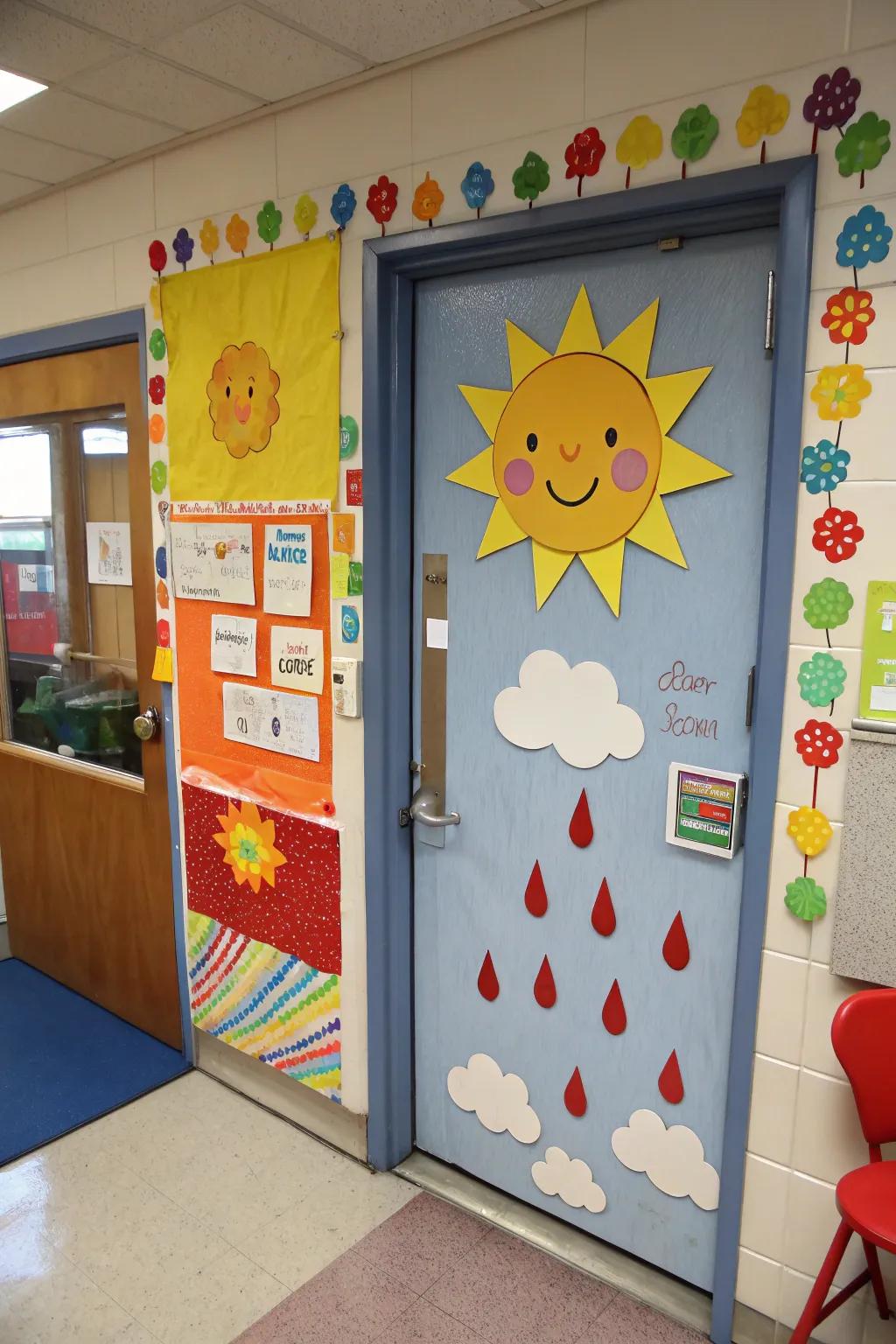 A weather-themed door makes learning about the climate fun.