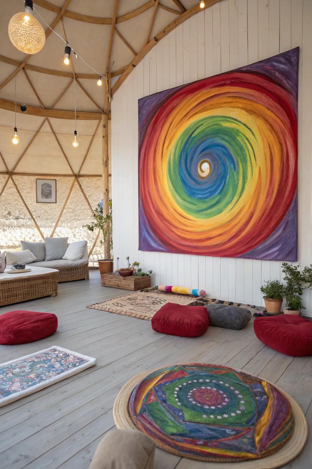 A rainbow spiral providing a calming presence in a meditation area.