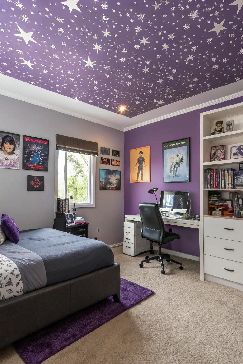 A purple ceiling adds a unique twist to the room.