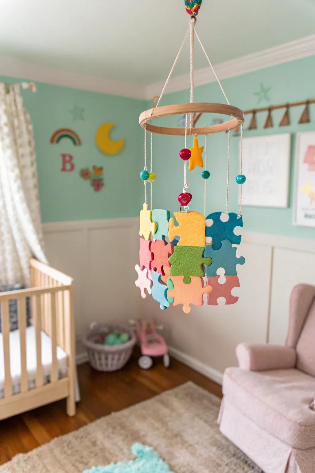 Delight your little one with a puzzle piece mobile.