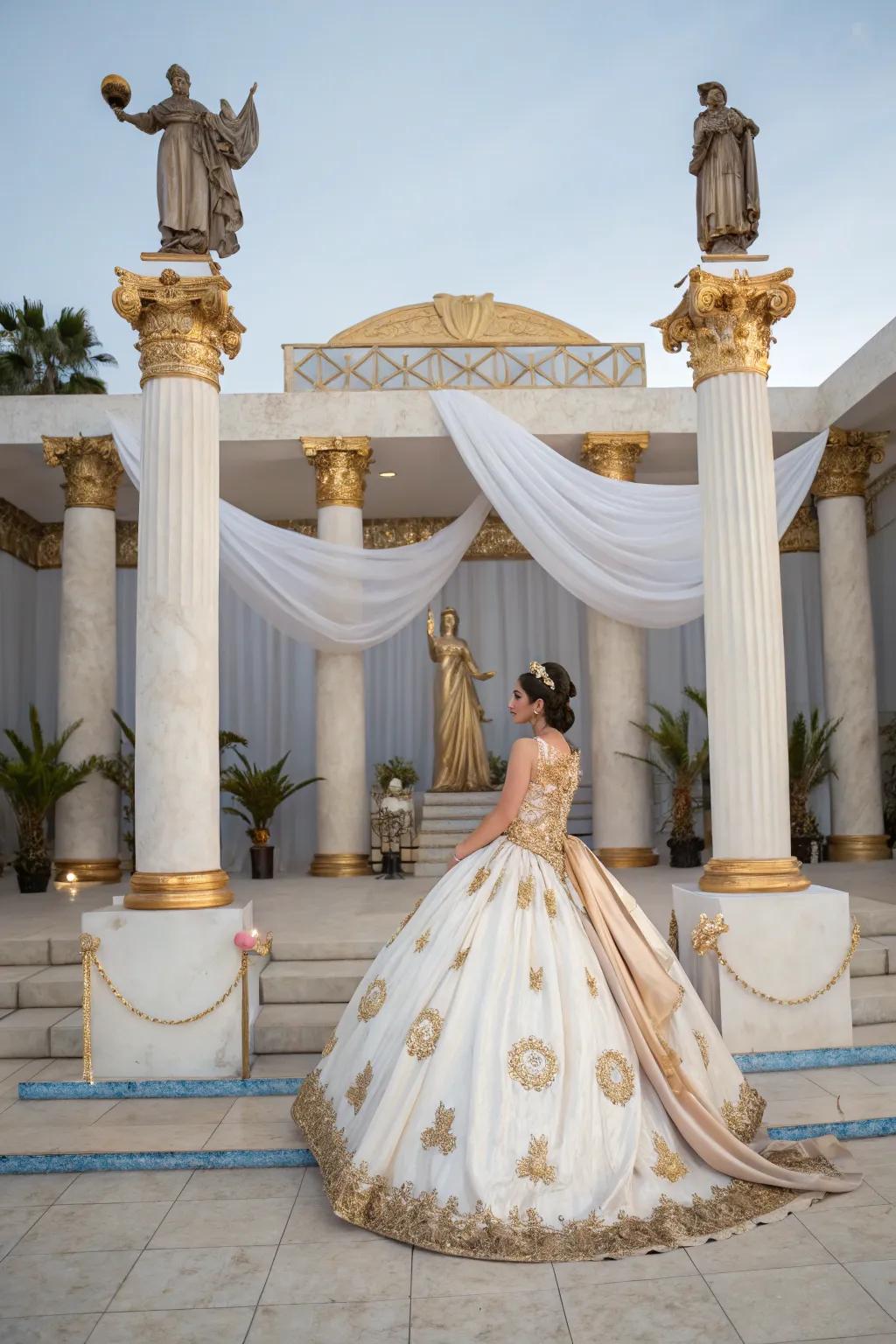 An elegant Greek goddess-themed quinceanera with mythological decor.