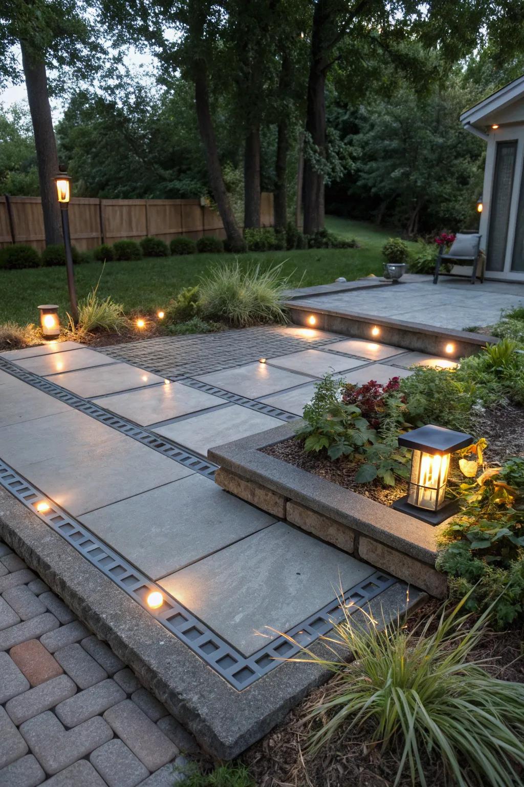 Eco-conscious features enhance the sustainability of this raised concrete patio.