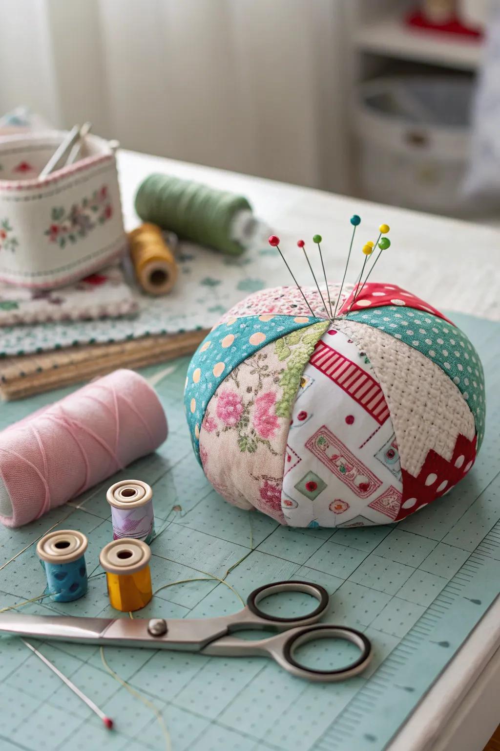 A handy pin cushion crafted from fabric scraps keeps sewing tools organized.