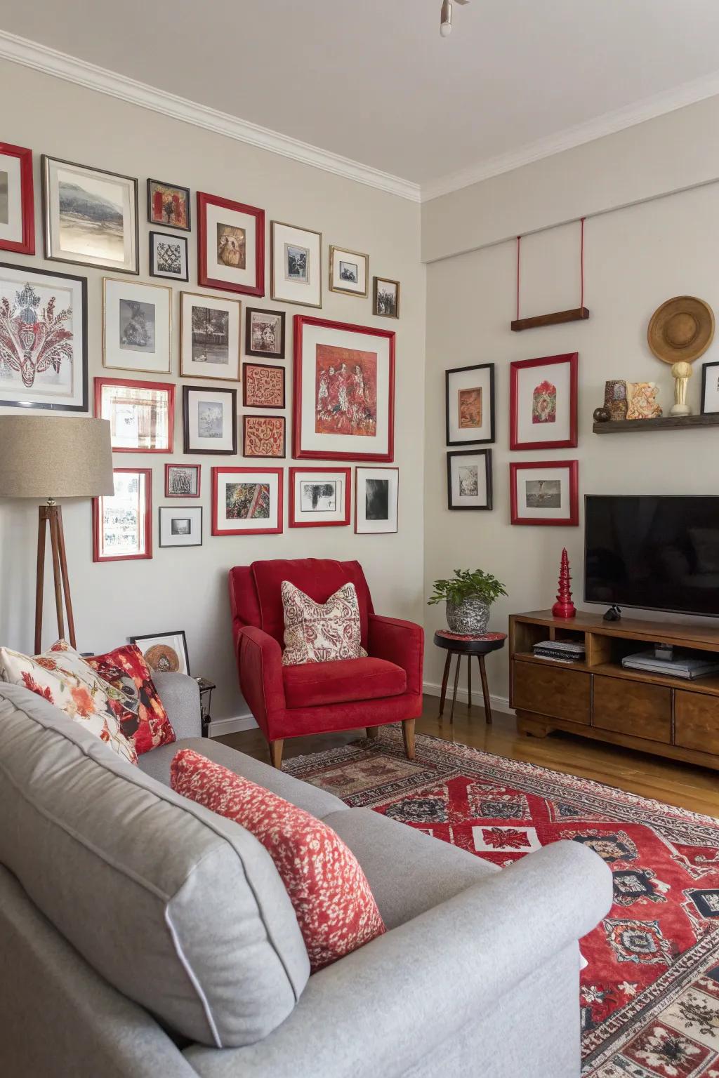 Red frames add cohesion and style to a gallery wall.