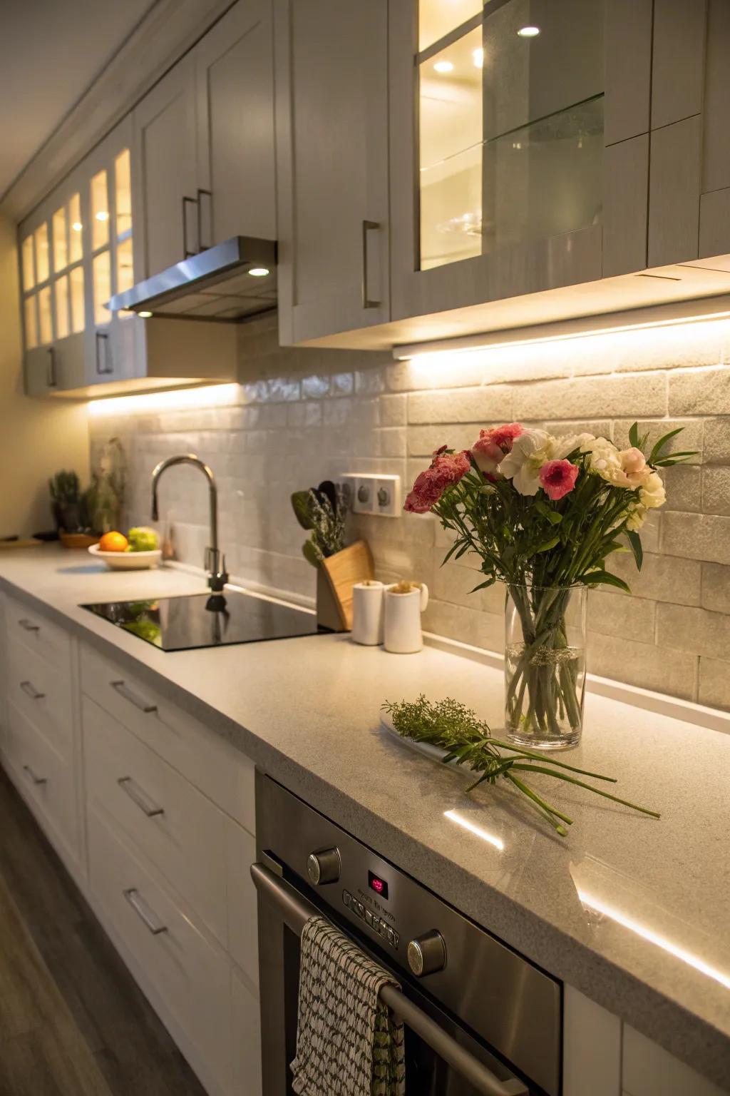 Under-cabinet lighting enhances visibility and atmosphere in a rental kitchen.