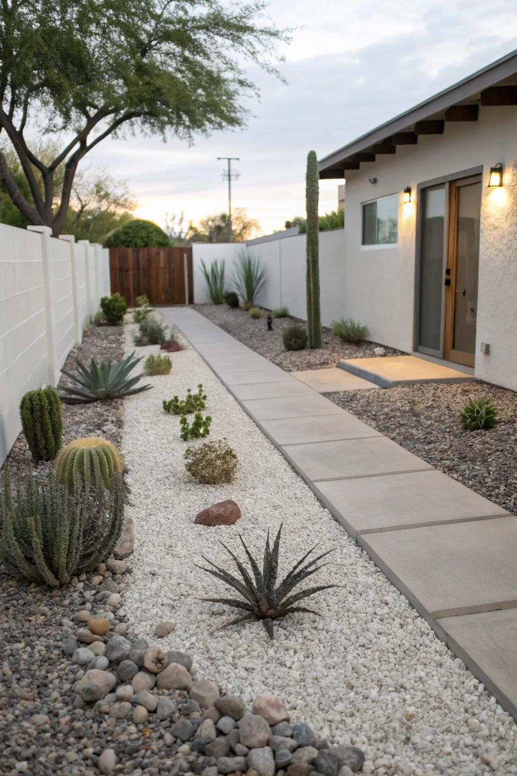 A gravel front yard offers low-maintenance elegance.