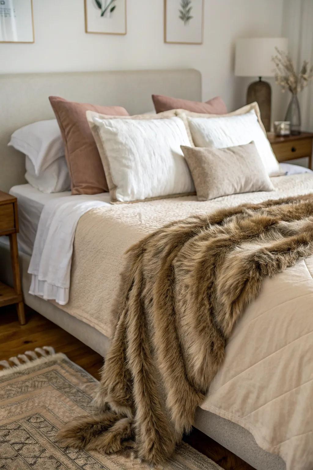 Fluffy textures add a cozy and indulgent feel to the room.