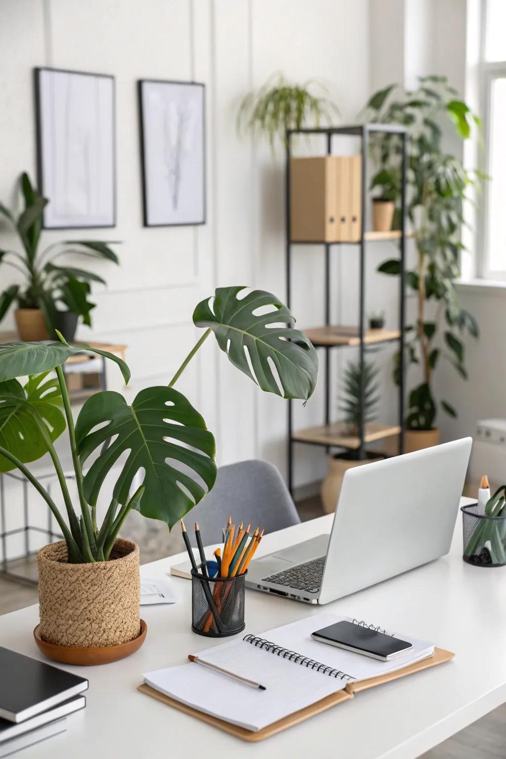 Workspace enlivened by a vibrant faux monstera.