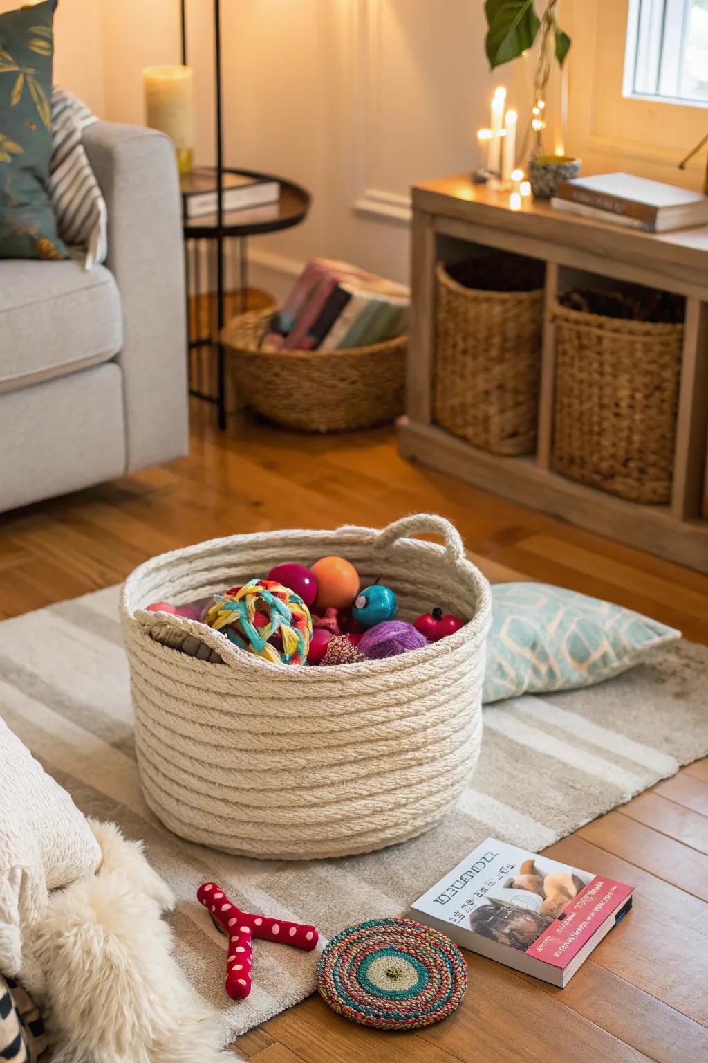 A rope basket keeps pet toys organized and within reach.