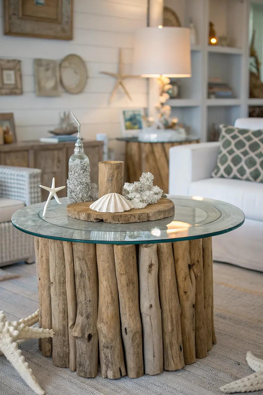 Driftwood round tables bring a touch of coastal relaxation indoors.