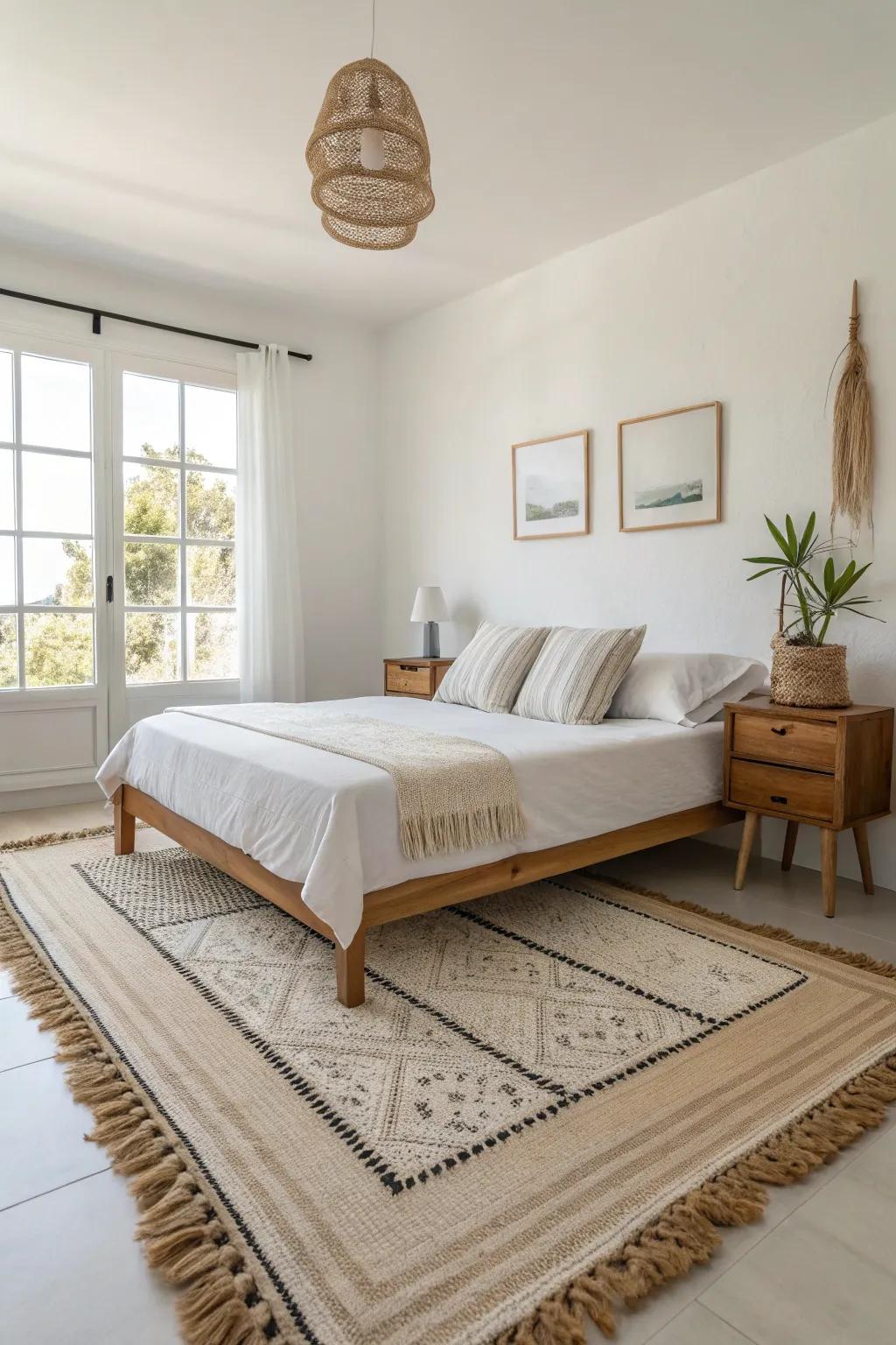 A minimalist rug complements a simple and clean bedroom design.