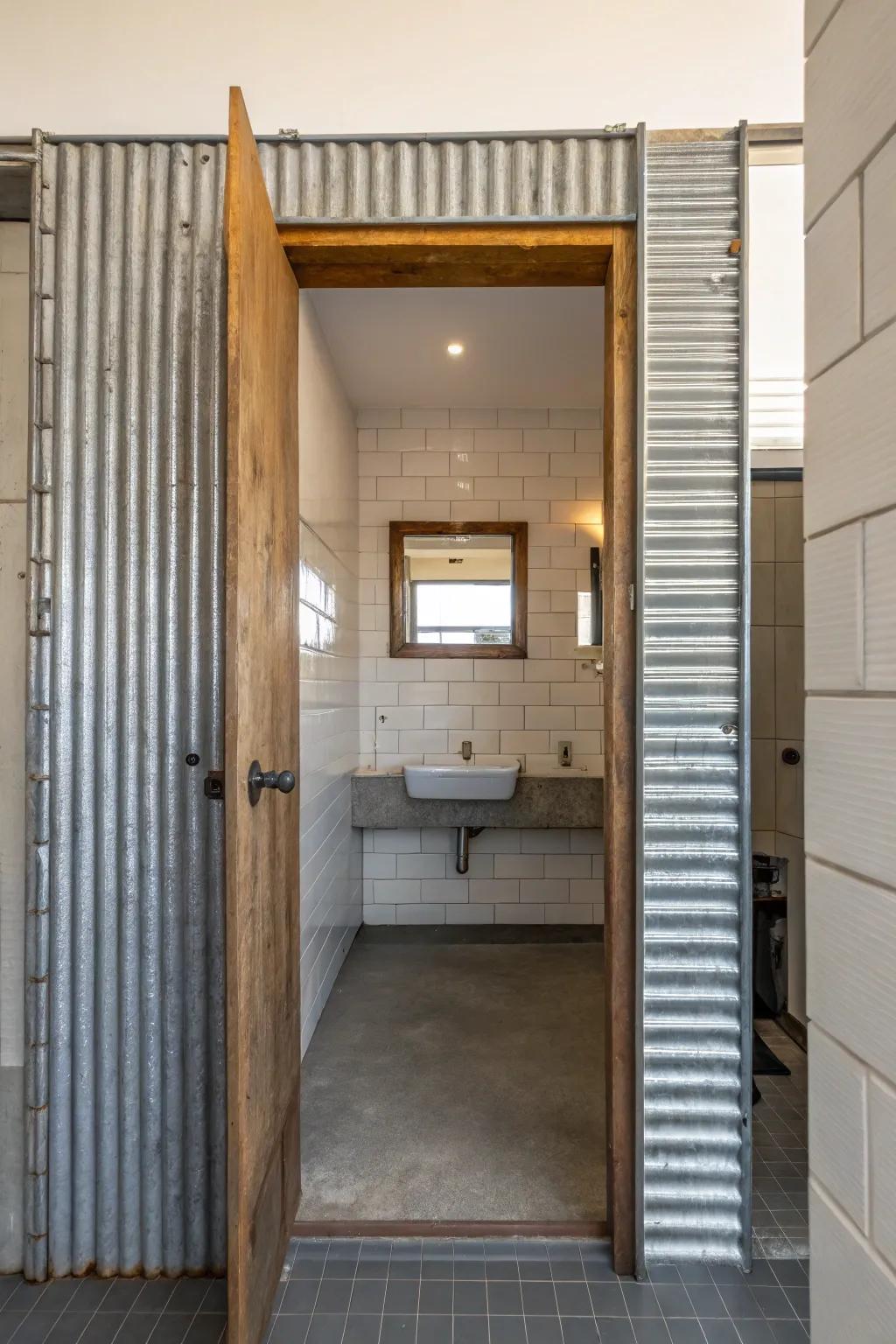 A corrugated metal door frame adds an industrial edge to this rustic bathroom.