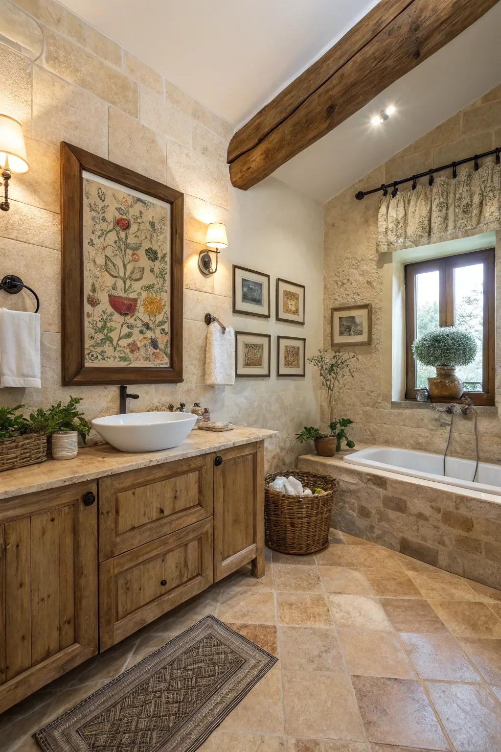 Art pieces can enhance and personalize a rustic travertine bathroom.