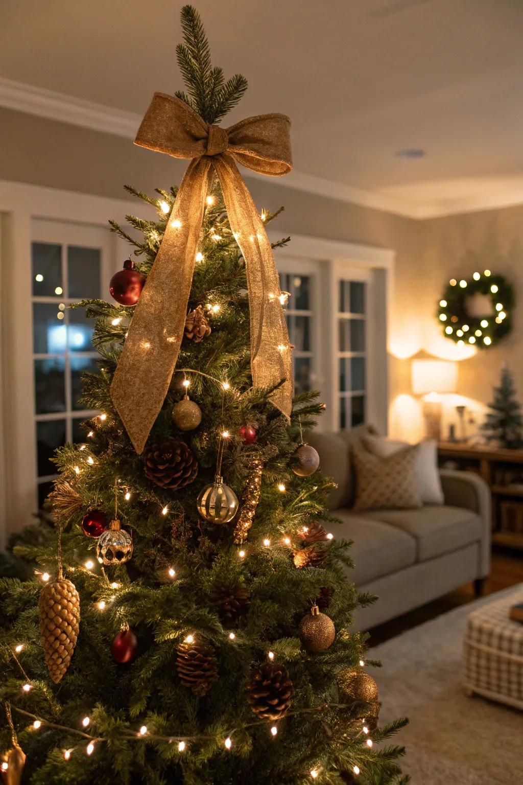 A rustic bow with pine sprigs adds elegance and natural charm to the Christmas tree.