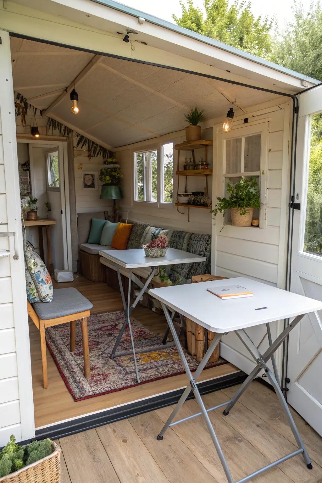 A flexible workspace adapts to any creative project in a she shed.