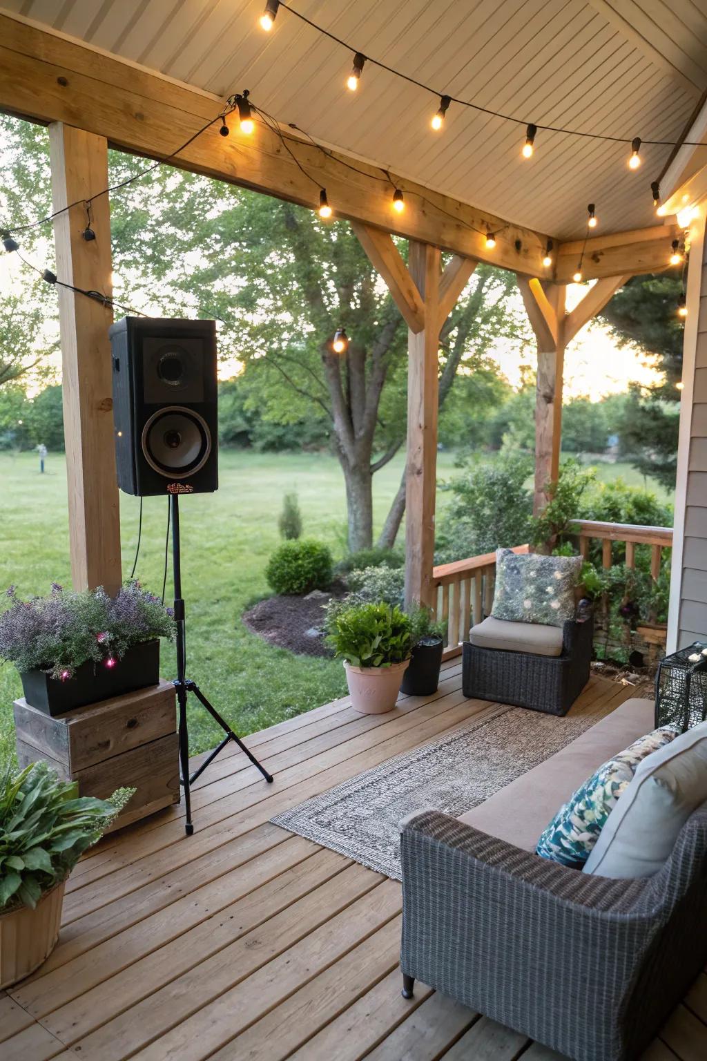 Relax with music on your porch, creating a space for tunes and tranquility.