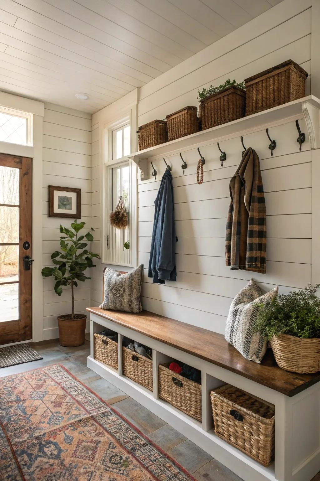 An inviting mudroom with practical shiplap wainscoting.