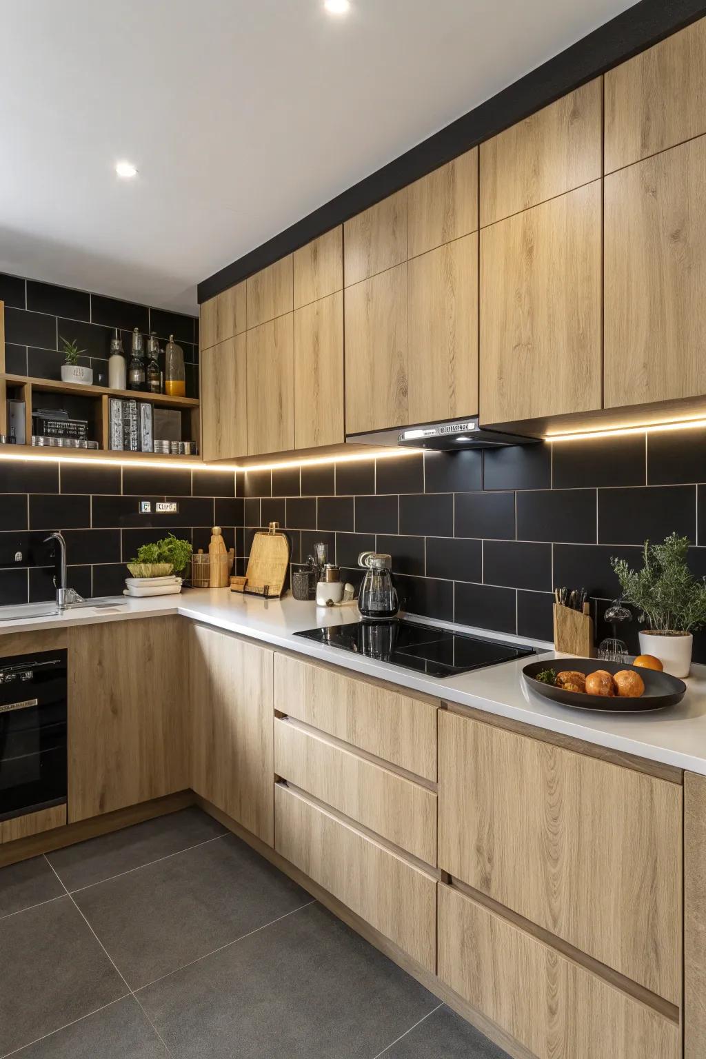 A bold black backsplash adds drama to this modern kitchen design.