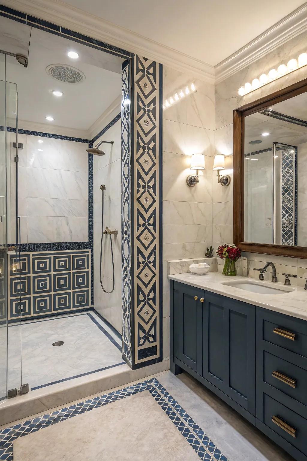 Art Deco-inspired borders add vintage glamour to shower designs.