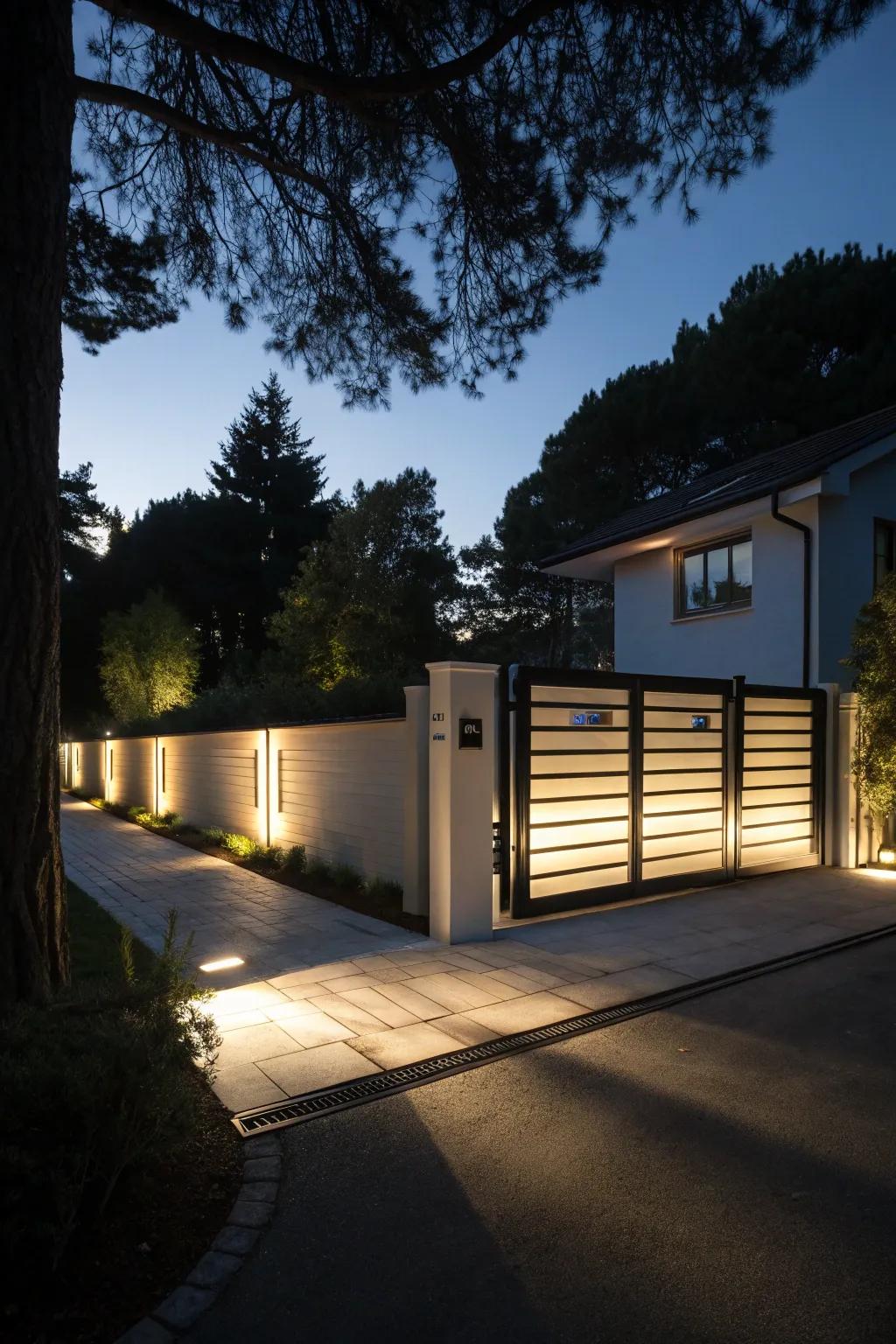 Integrated lighting highlights the design of this sliding gate at dusk.