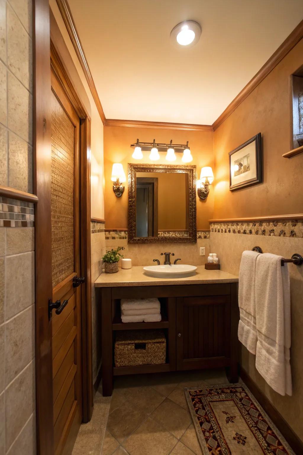 Layered lighting enhances the ambiance of small bathrooms.