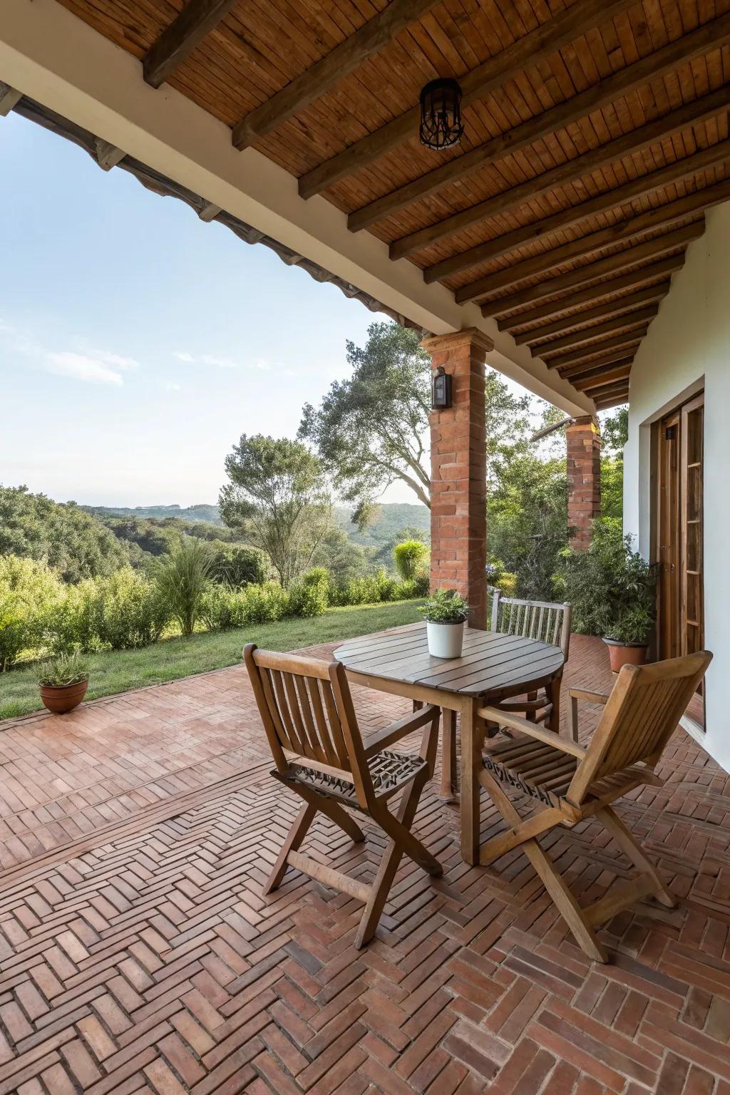 A patio with brick flooring and wooden furniture.