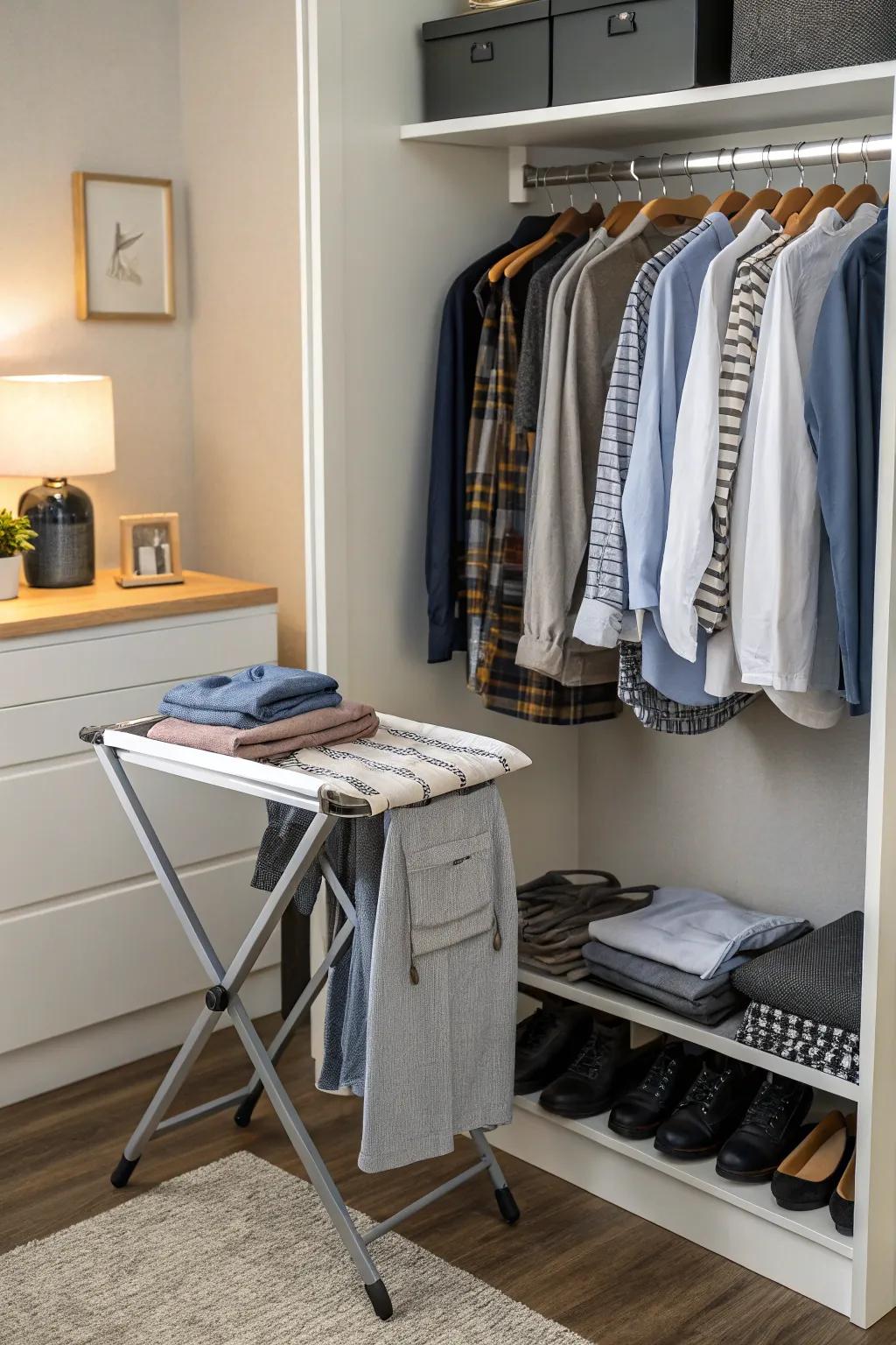 A folding station adds convenience and functionality to a closet.