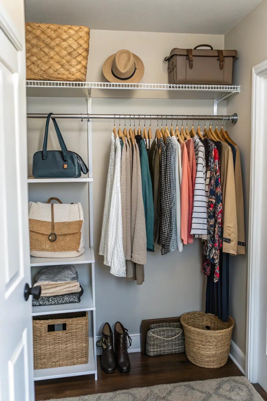 Tension rods provide additional hanging space in small closets.