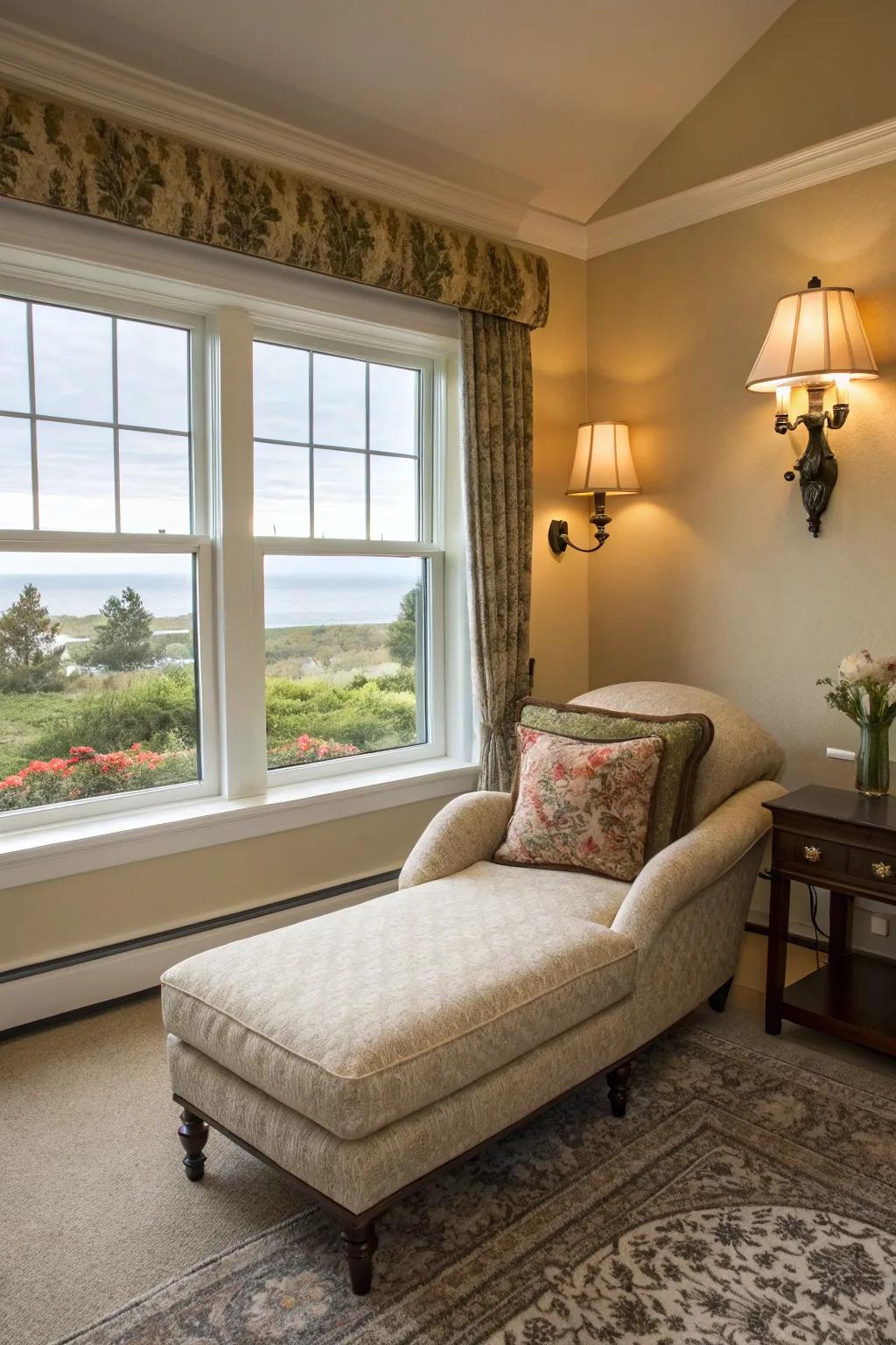 A living room retreat with a chaise lounge perfectly positioned to enjoy the view.