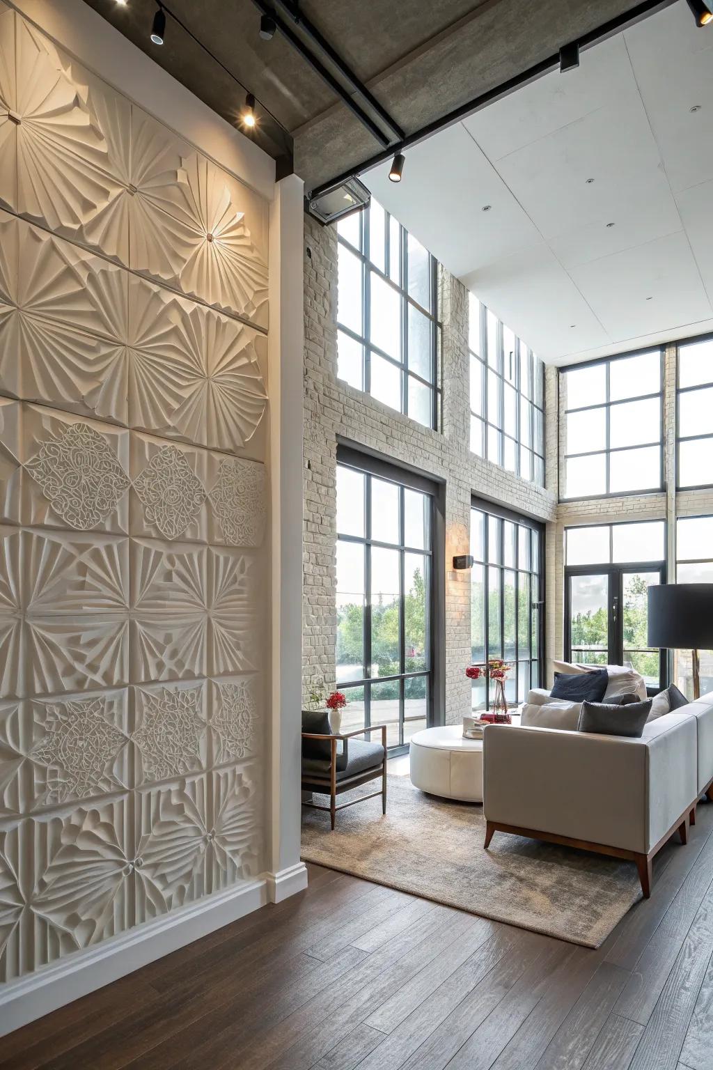 Textured wall panels adding depth and visual interest to a loft.