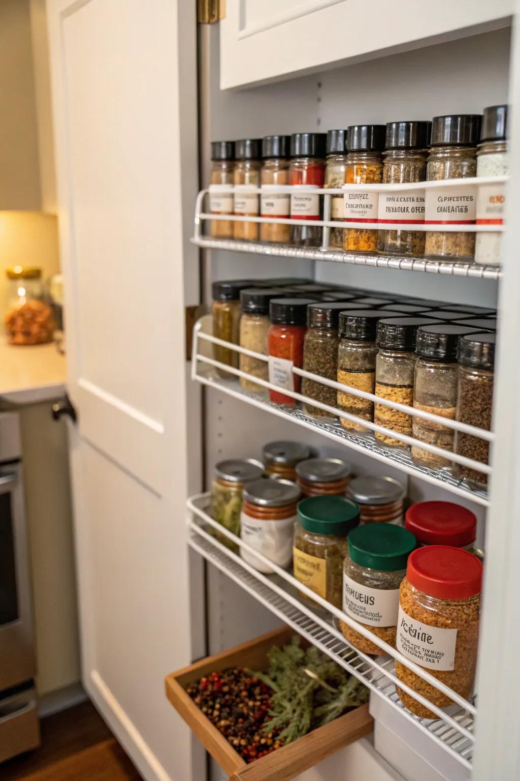 Sliding spice racks enhance spice storage and accessibility.