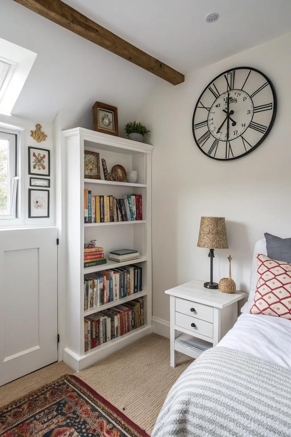 Functional decor combines utility and style in a small white bedroom.