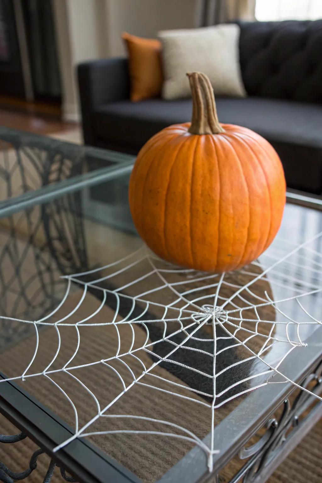 A pumpkin with a striking wire spider web.