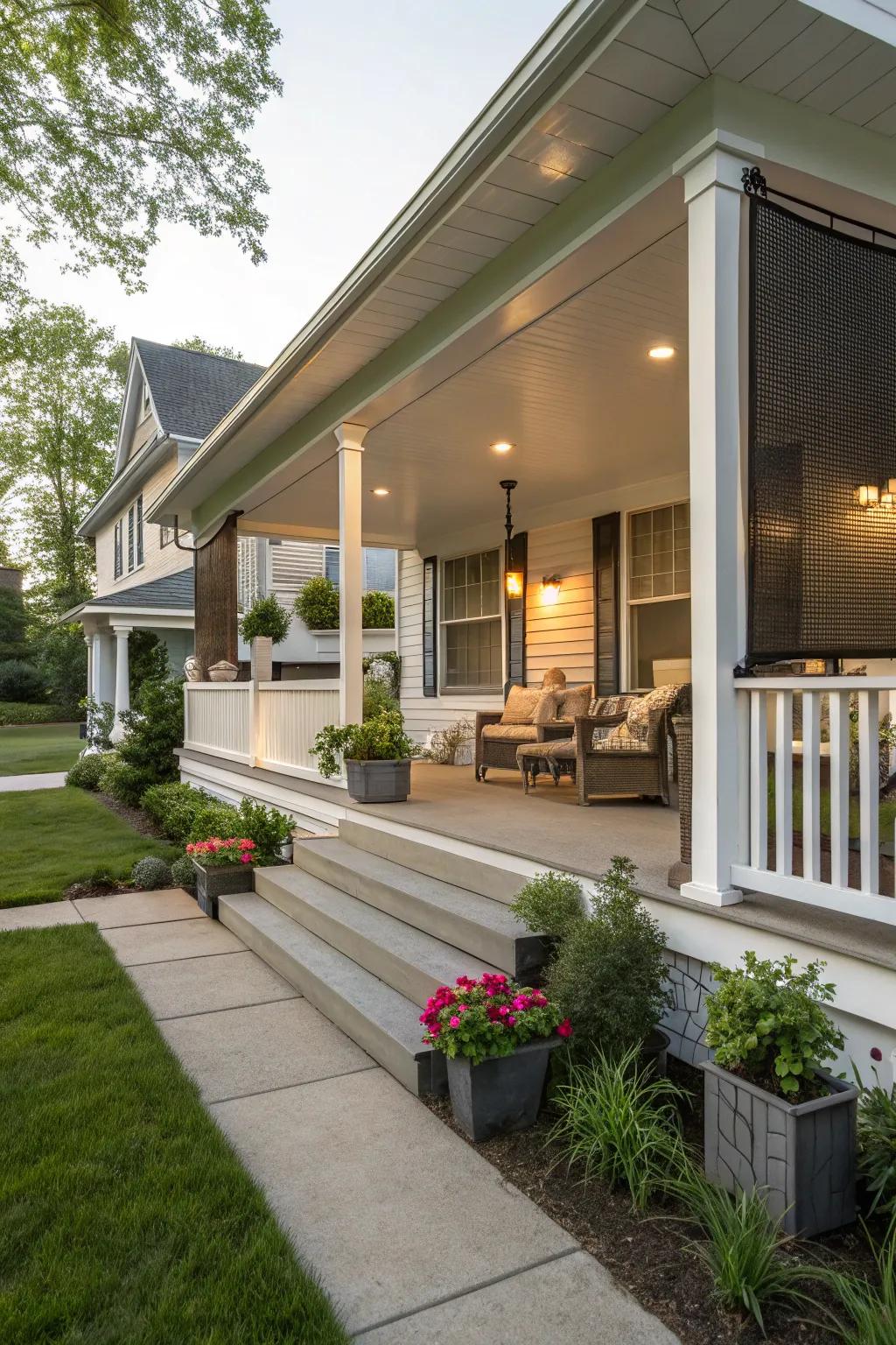 Privacy screens offer seclusion and style to this split foyer porch.