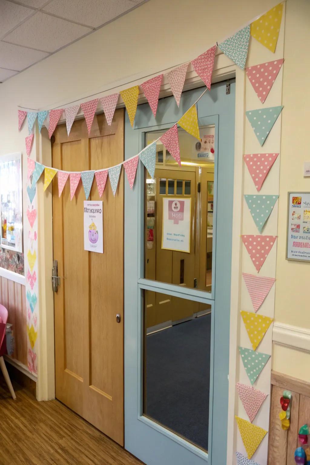 Springtime bunting adds cheer to the preschool door.