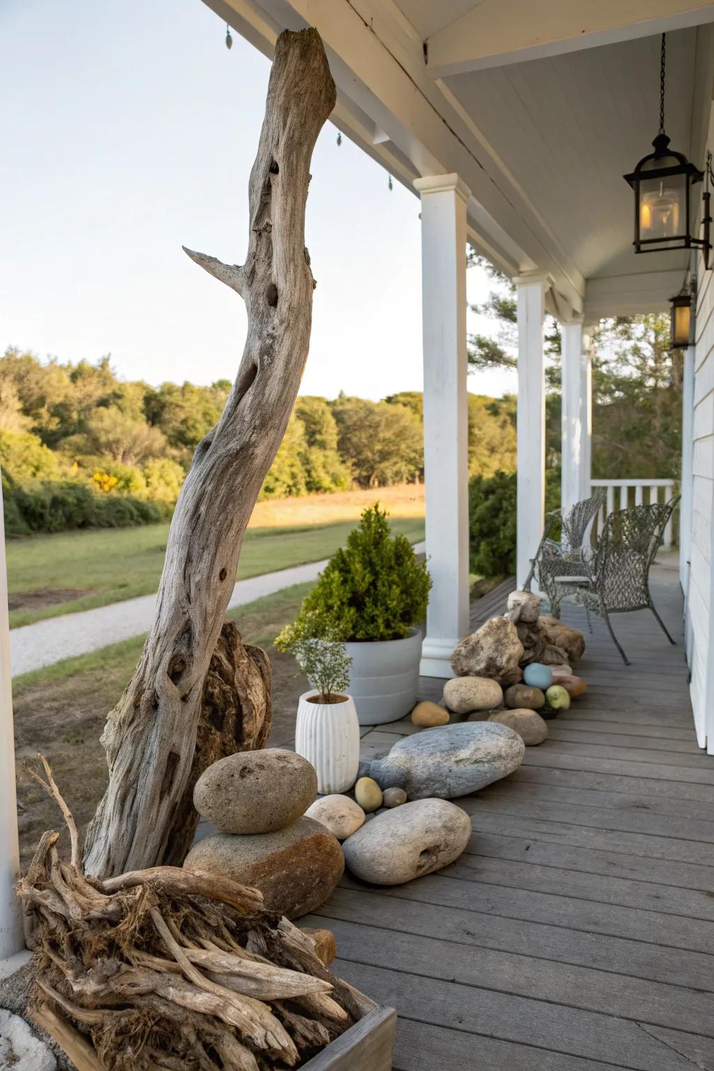 Natural elements adding an earthy touch to the porch.