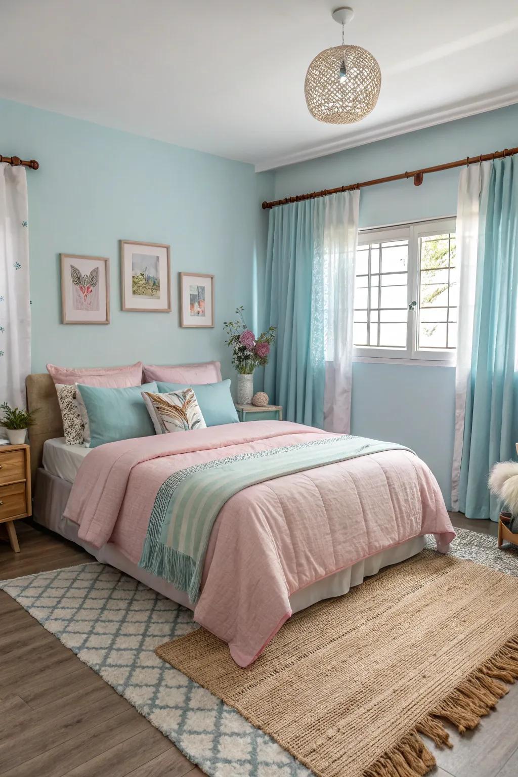 Coordinated colors create a harmonious bedroom atmosphere.