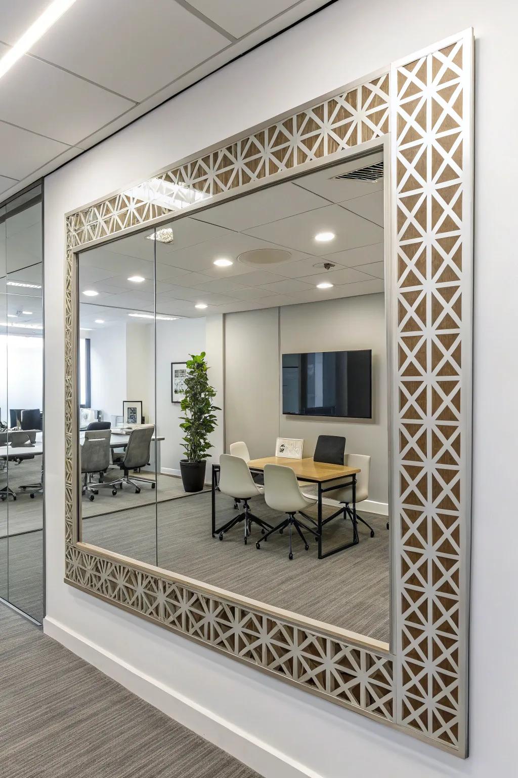 Add modern flair with a geometric pattern mirror frame.