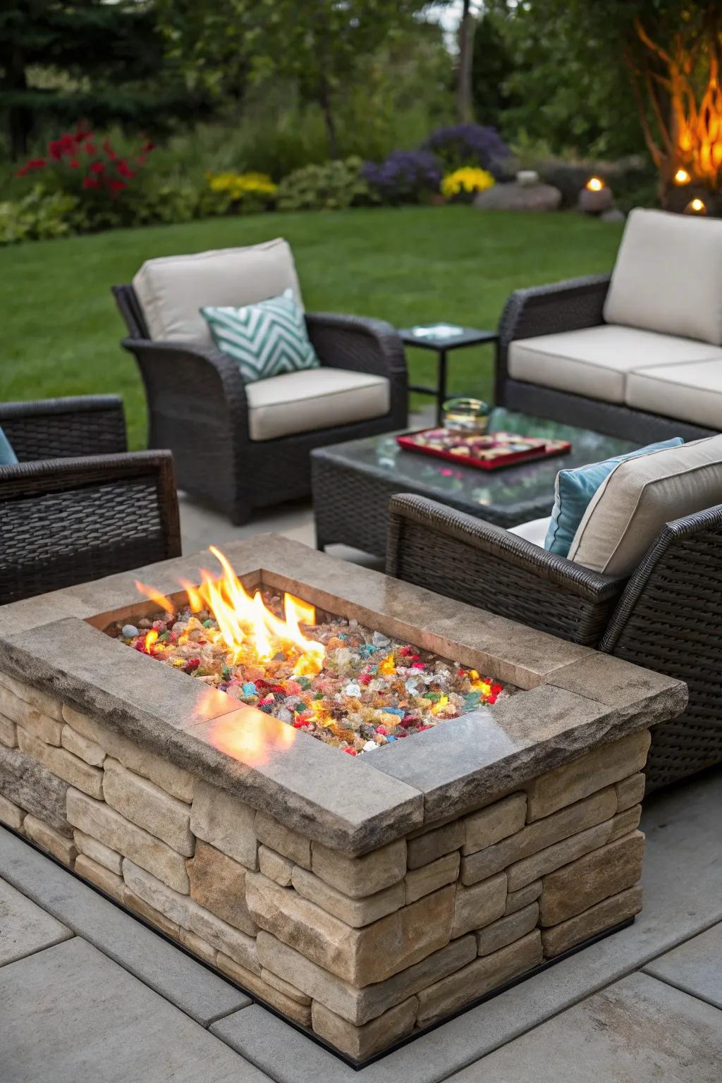 Fire glass adds color and modernity to the stone fire pit.