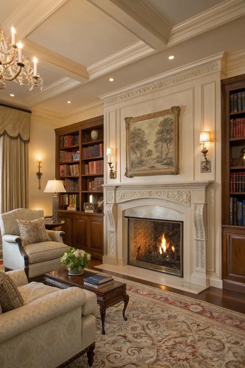 Traditional moldings add classic elegance to this stucco fireplace.