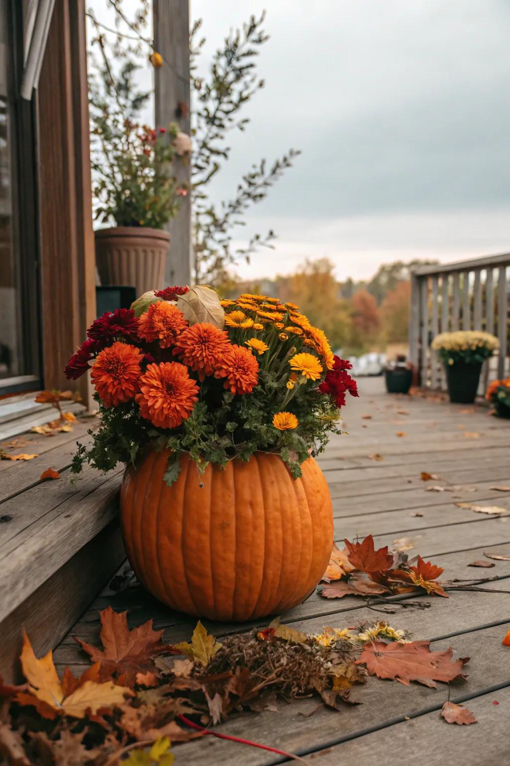 A pumpkin planter bursting with fall blooms.