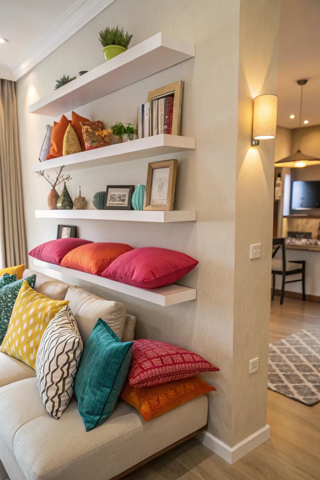 Floating shelves elegantly displaying a collection of throw pillows.