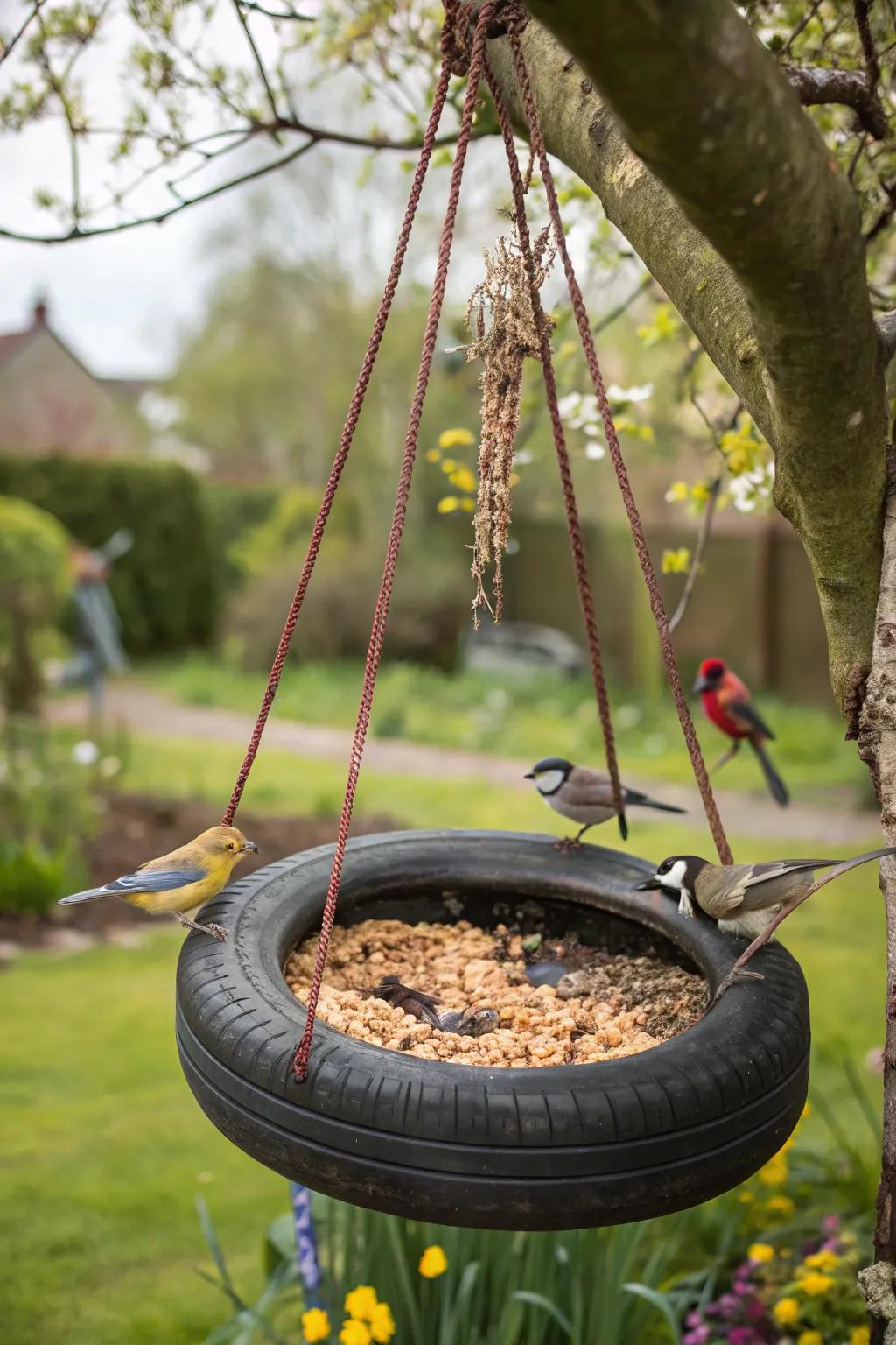 Welcome Birds with a Tire Feeder