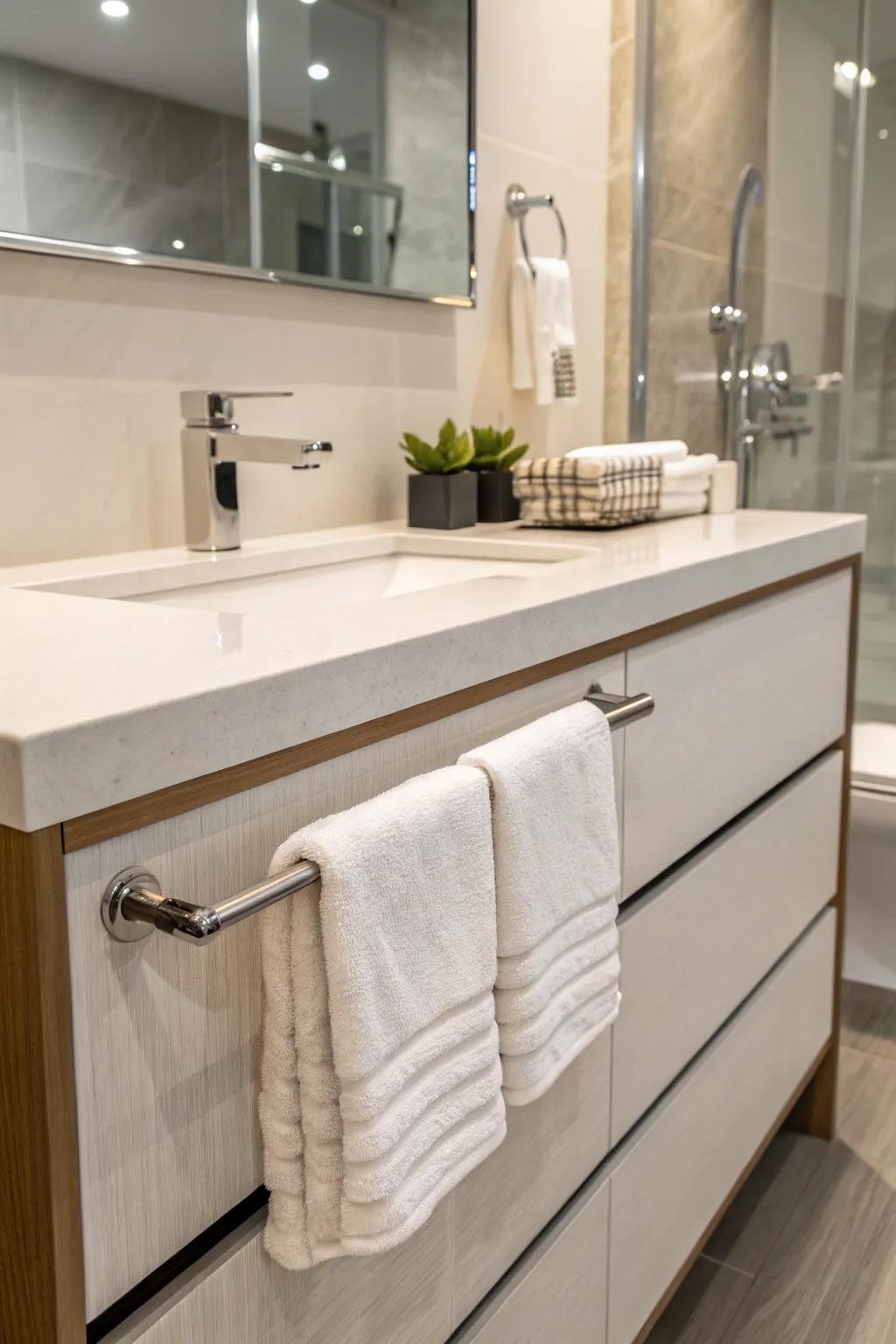 A towel bar on the vanity is sleek and practical.