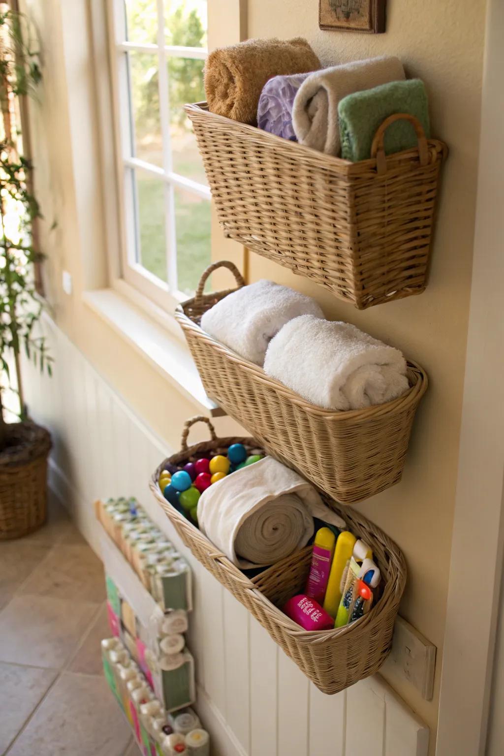 Add texture and storage with wall-mounted baskets.