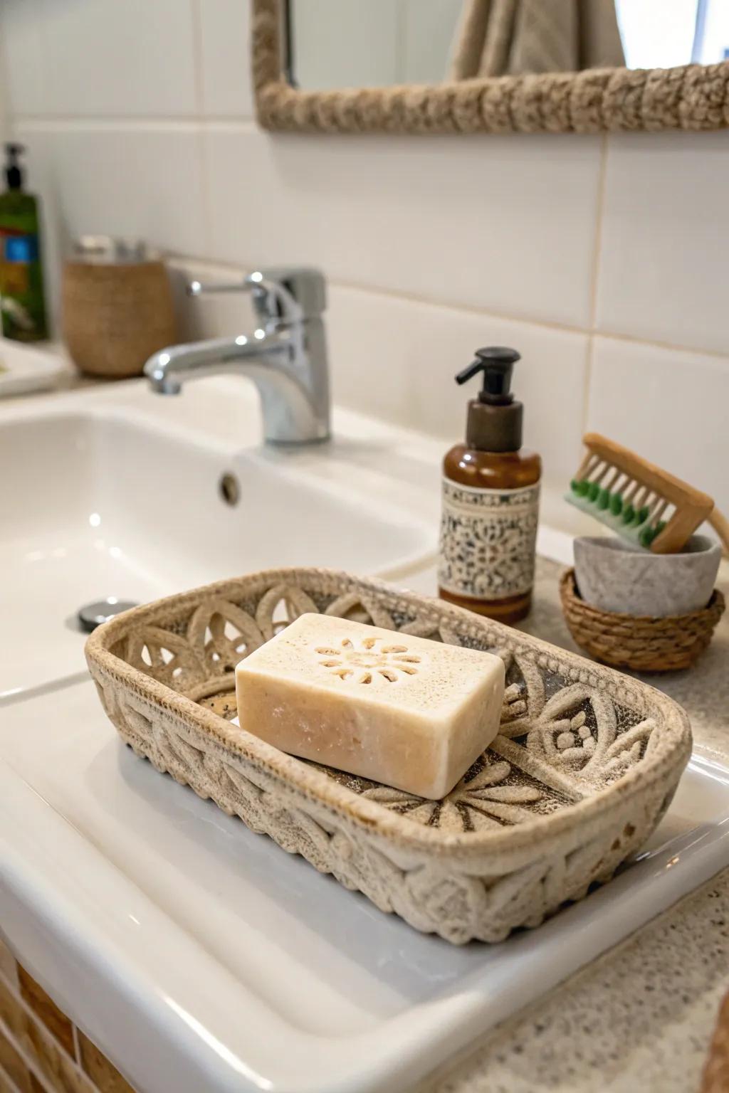 A handmade soap dish, adding a touch of craftsmanship to bathroom essentials.